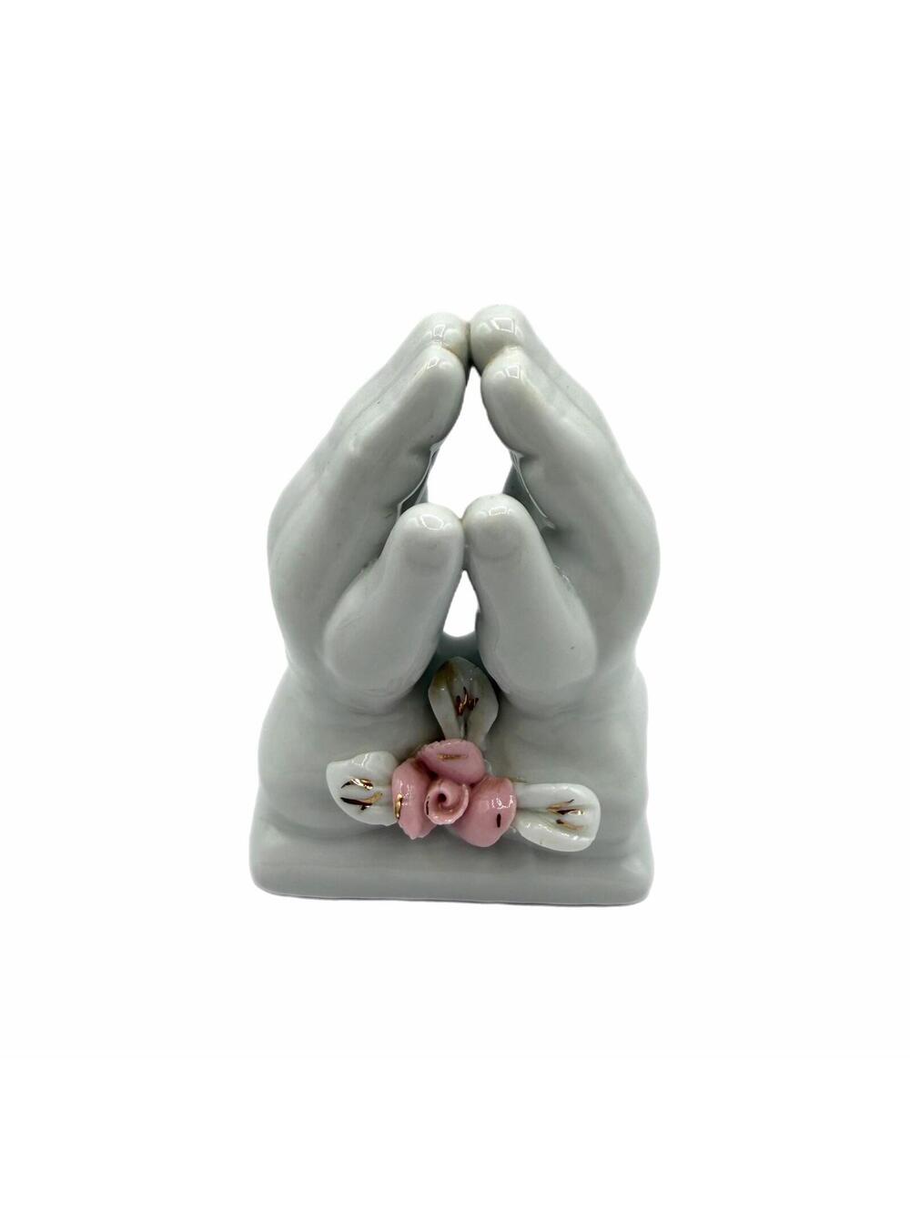 Vintage White Praying Hands Porcelain Figurine with Pink Rose – Religious
